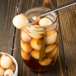 open jar of pickled onions