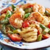 Cuban prawn pasta in a bowl
