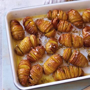 hasselback potatoes in serving dish