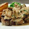 steak diane with saute potatoes and peas